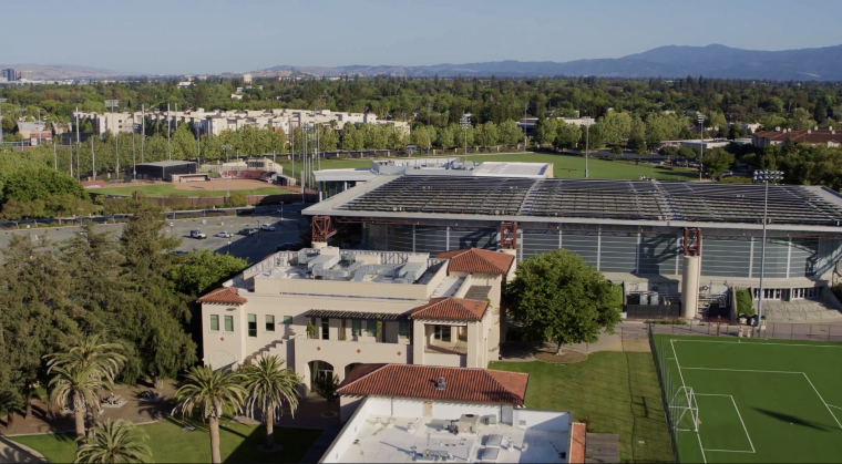 Overhead view of the campus with the solar panels atop Leavey roof prominent